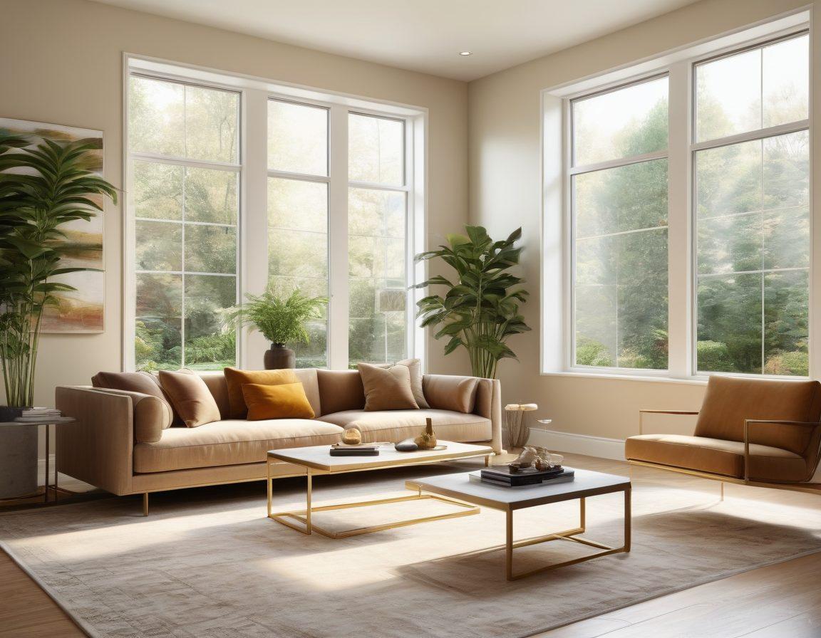 A modern living room featuring a stylish, elegant sofa combined with functional furniture like a sleek coffee table. Soft natural light streams through large windows, casting gentle shadows. Decor elements include lush indoor plants and tasteful artwork, creating a harmonious blend of comfort and sophistication. The color palette includes warm neutrals and hints of gold accents. super-realistic. vibrant colors. warm lighting.