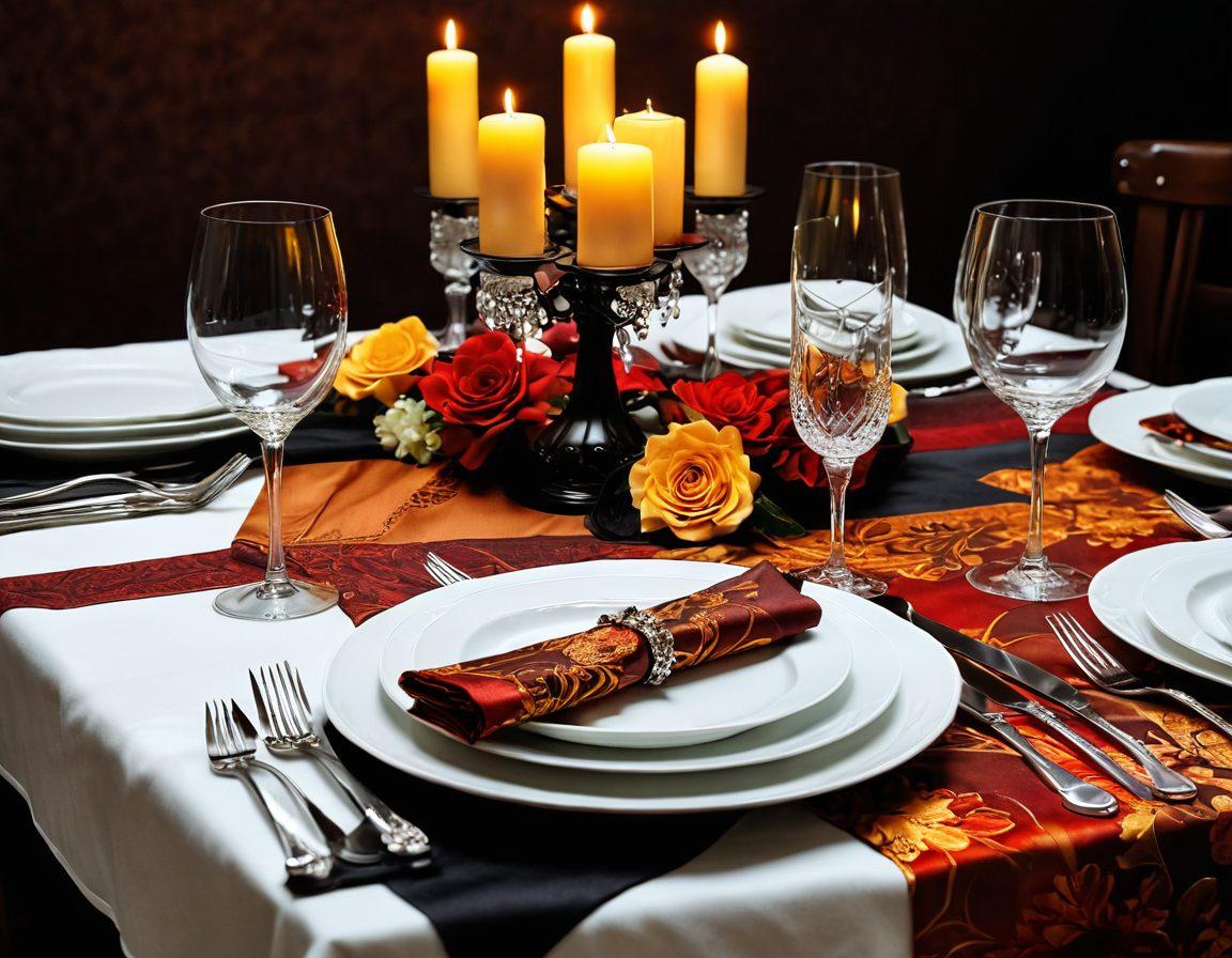 A beautifully set dining table adorned with luxurious fabrics and decorative textiles. Showcase elegant tablecloths in rich colors and intricate patterns, complemented by stylish cutlery and decorative napkins. The background includes soft candlelight, enhancing the atmosphere of sophistication and warmth. Include floral centerpieces that blend harmoniously with the textiles. super-realistic. vibrant colors. elegant setting.